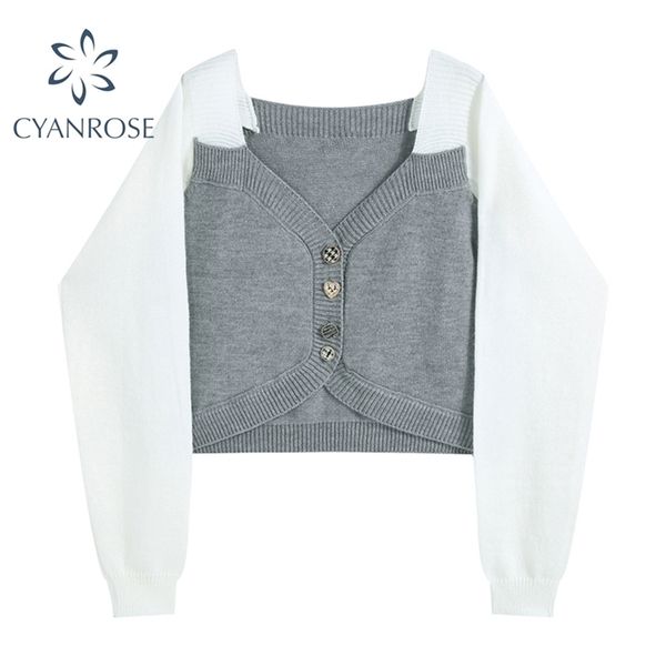 

women's knitted cardigan crop sweater elegant chic button square collar korean knitwear stylish vintage ol slim knit 210515, White