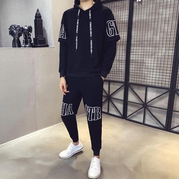 

men's tracksuits loose autumn fake 2-piece long sleeve sweatshirt &pant causal letter sets camo tracksuit sportwear hoodies plus size 4, Gray