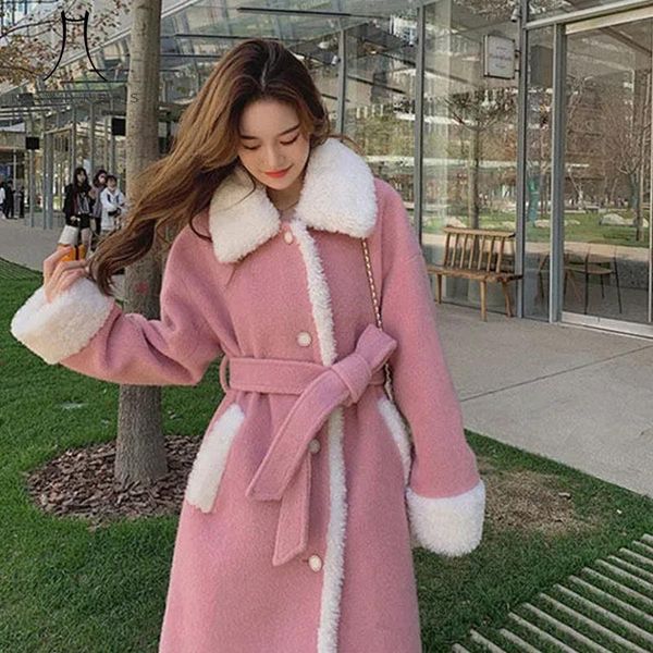 

women's wool & blends heydress 2021 women winter warm mid long pretty woolen blend coat female wind pink french sashe fur collar outerw, Black