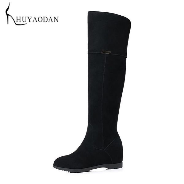 

boots metal decoration suede wedges heeled thigh high round toe platform 2021 autumn winter zipper party club ladies shoes, Black