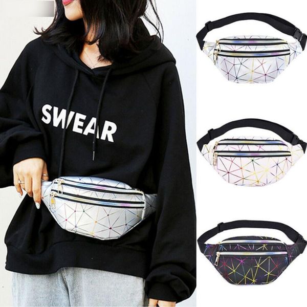 

women men waist packs multicolor bags silver fanny male female belt black geometric laser chest phone pouch chic handbags