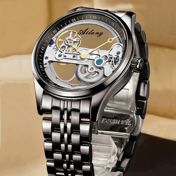 

wristwatches ailang men's automatic mechanical watch sports double-sided hollow design waterproof business, Slivery;brown