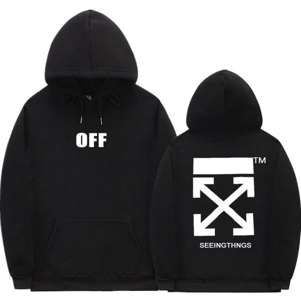 

white off printed hooded sweater loose large fleece casual men's sweater, Black