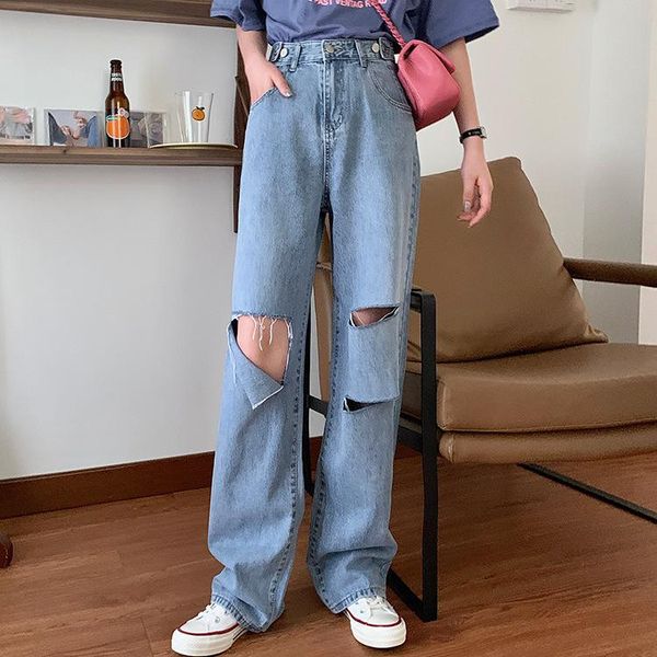 

women's jeans fashion women ripped classic blue high waist slim straight loose curled harajuku wild vintage streetwear