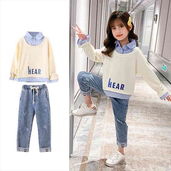 

fake two-piece hoodies cowboy pants suit school girl outfit korean turn-down collar spring fall teenage girls clothing, White
