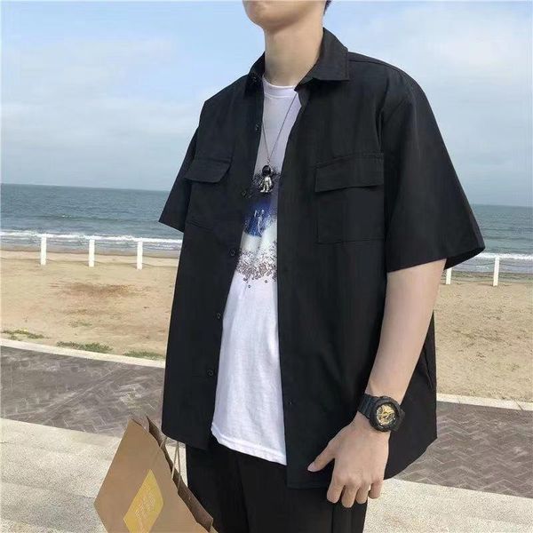 

men's casual shirts short-sleeved male korean version of pure color cargo shirt trend summer thin five and a half sleeve japanese, White;black