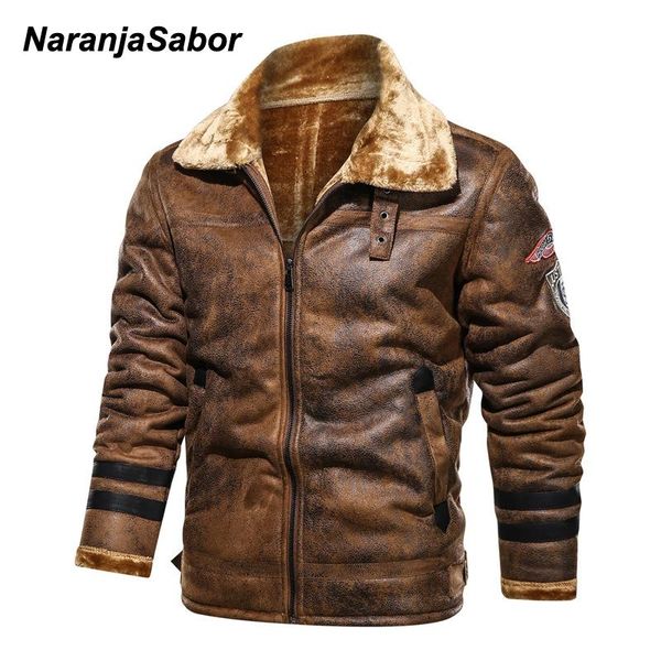 

naranjasabor mens fleece thick leather jacket 2021 winter warm aviation bomber flight faux outerwear male brand n726 men's fur &, Black