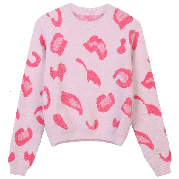 

knits leopard pink swearer crop autumn winter fluffy mohair sweater women round collar cropped pullovers knitted, White