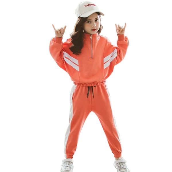 

girls sport clothes patchwork clothing sweatshirt + pants children girl letter children's suits 6 8 10 12 14 210528, White