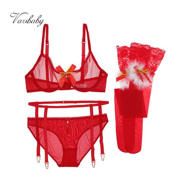 

bras sets varsbaby 3/4 cup big red see-through bra and panty set 4pcs bras+panties+garters+stockings for women, Red;black