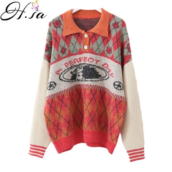 

european fashion long sleeve women knitwear pull jumpers polo neck vintage retro sweaters knitted argyle sweater 210430, Black
