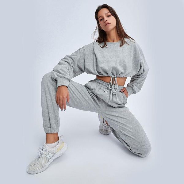 

women's two piece pants two-piece suit women crop sport casual loose breathable sweatshirts pollover sweatpants set sportswear female t, White