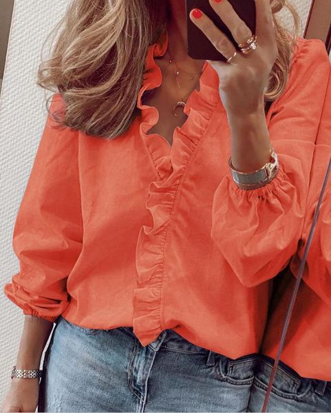 

women's blouses & shirts houthion blouse fashion summer temperament long-sleeved ruffled v-neck chiffon shirt, White