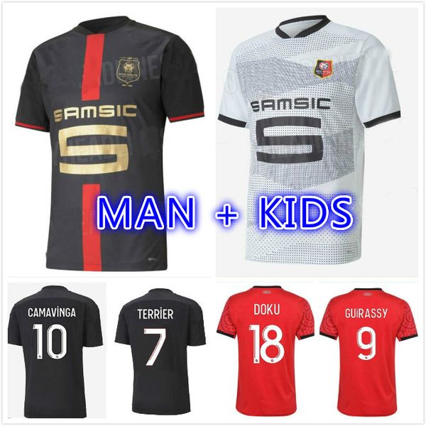

120th anniversary 20 21 rennes stade rennais fc soccer jerseys 2021 camavinga guirassy bourigeaud kids kits football jersey, Black