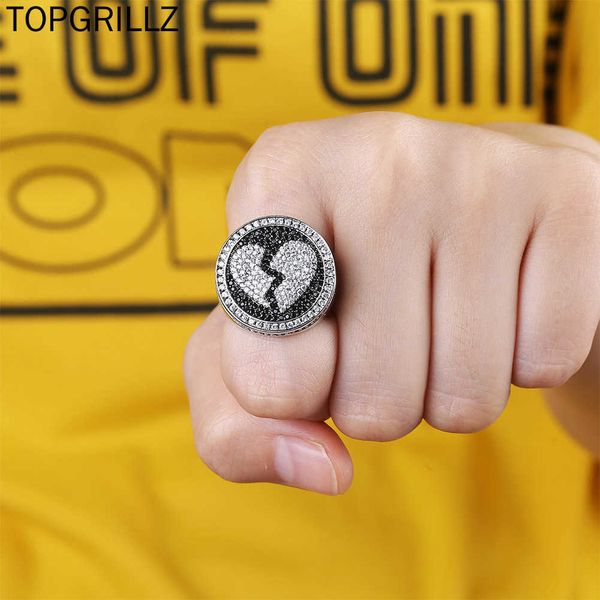 TOPGRILLZ Bling-Ring mit gebrochenem Herz, Iced Out, Mikropflaster, kubische Zirkonsteine, Hip-Hop-Schmuck