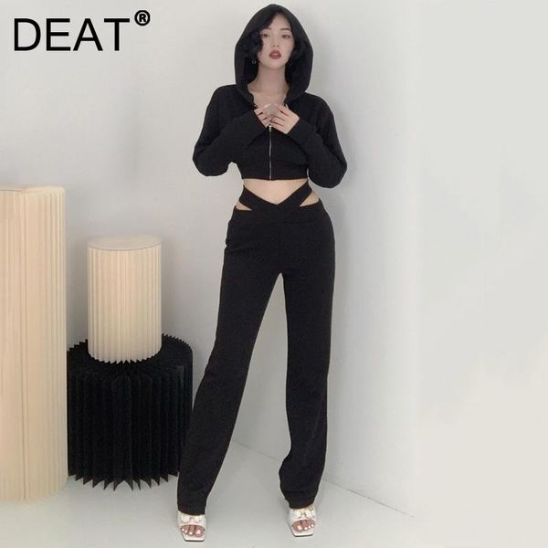 

women's two piece pants deat women clothing 2021 black apricot hooded short zipper + design cross waist trousers set trends, White
