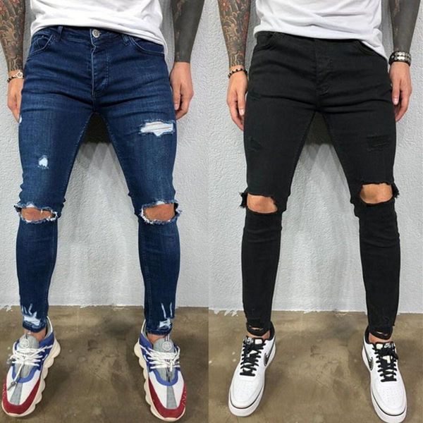 

men's jeans 2021 men skinny ripped holes casual black blue slim fit denim pants biker hip hop with holel