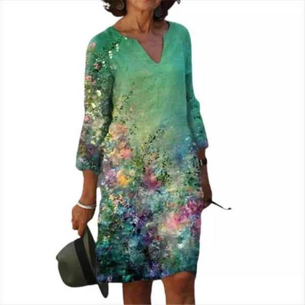 

vintage floral print summer womens dress v neck half sleeve a line female casual cotton linen loose vestidos, Black;gray