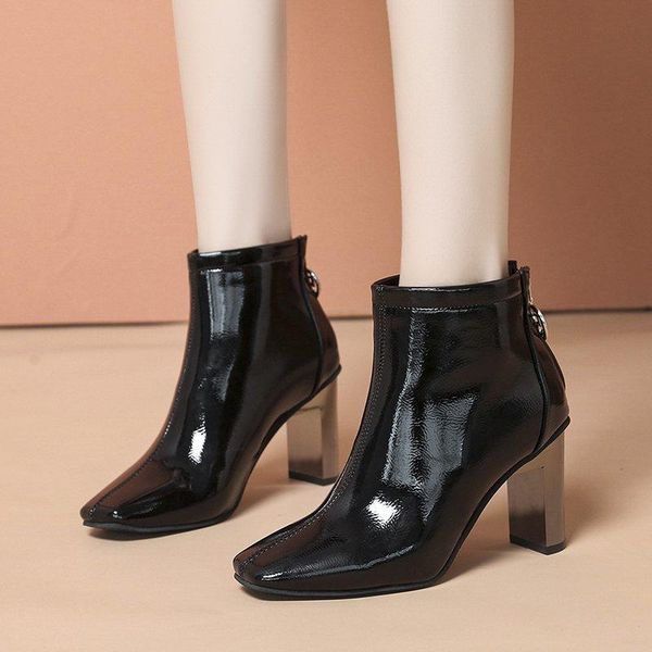 

boots elegant women fashion ankle heels sewing square heel for high tube short ladies 2021, Black