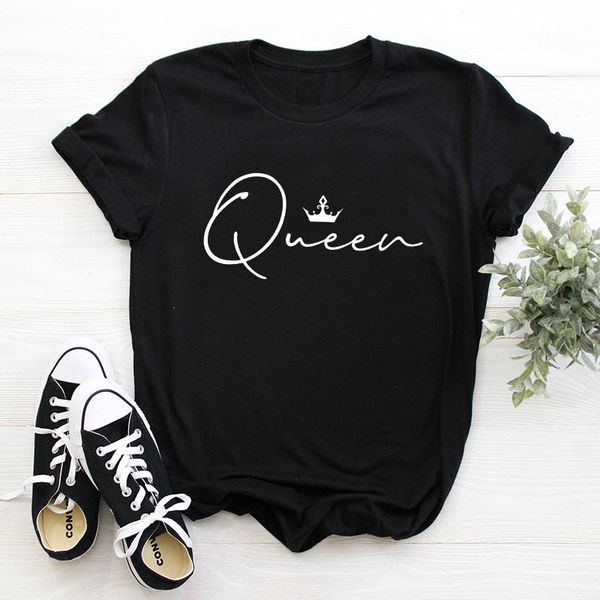 

women's t-shirt 2021 summer crown koningin brief print t shirt vrouwen korte mouw o hals losse zomer kleding, White
