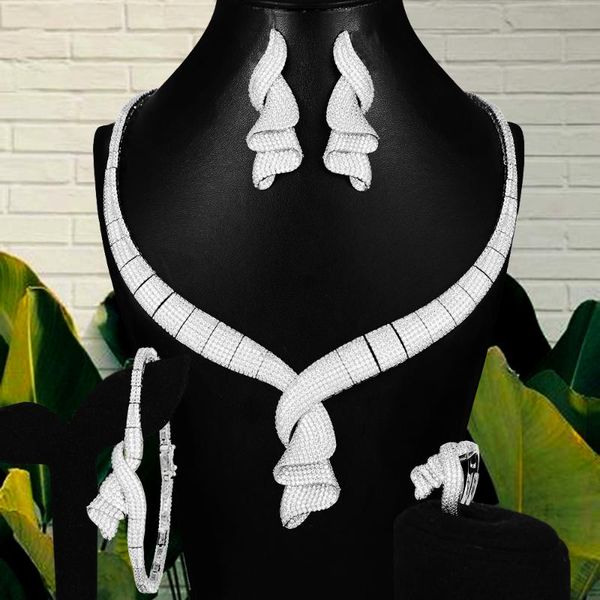 

earrings & necklace luxury african bowknot jewelry set for women wedding cubic zirconia dubai bridal nigerian party set2021, Silver