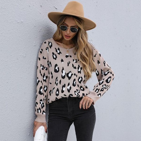 

women's sweaters casual women knitted autumn winter leopard print sweater pullovers fashion slim o neck long sleeve gray 2021, White;black