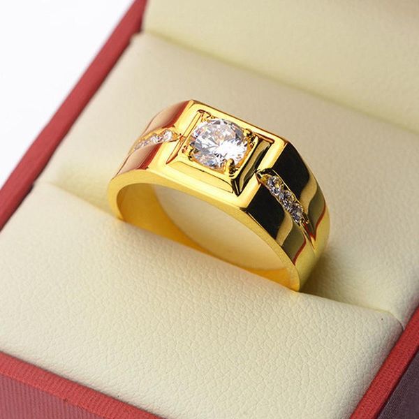 

cluster rings luxury 24k gold ring for men gentleman diamond zircon engagement wedding party open resizable yellow finger, Golden;silver