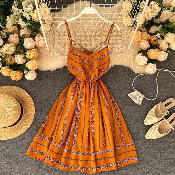 

women's spaghetti strap dress short holiday summer v-neck waist slimming printed chiffon a-line ml1005 210506, Black;gray