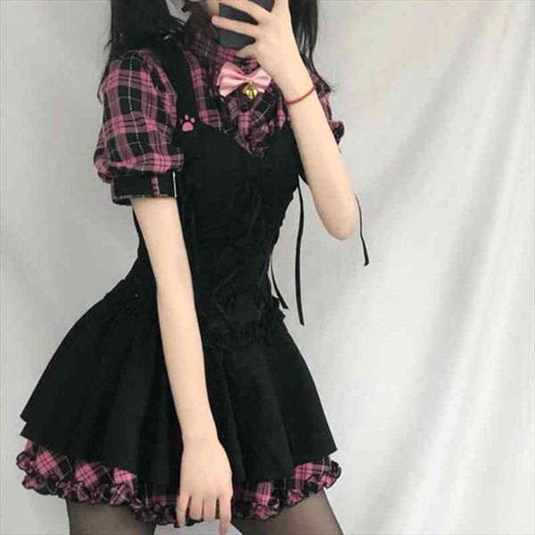 

summer plaid kawaii pink clothes women dresses short sleeve strap midi lolita harajuku cottagecore robe y2k, Black;gray