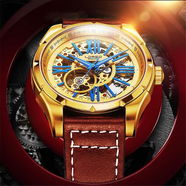 

wristwatches loreo 8204 luxury men automatic mechanical wristwatch waterproof stainless steel watch golden men's clock vintage reloj, Slivery;brown