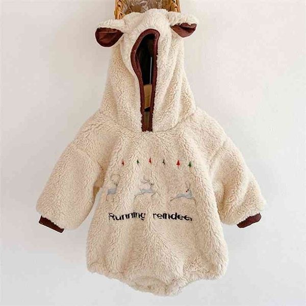 

0-2yrs infant baby girls deer embroider rompers clothing autumn winter kids girl long sleeve thicken clothes 210521, White
