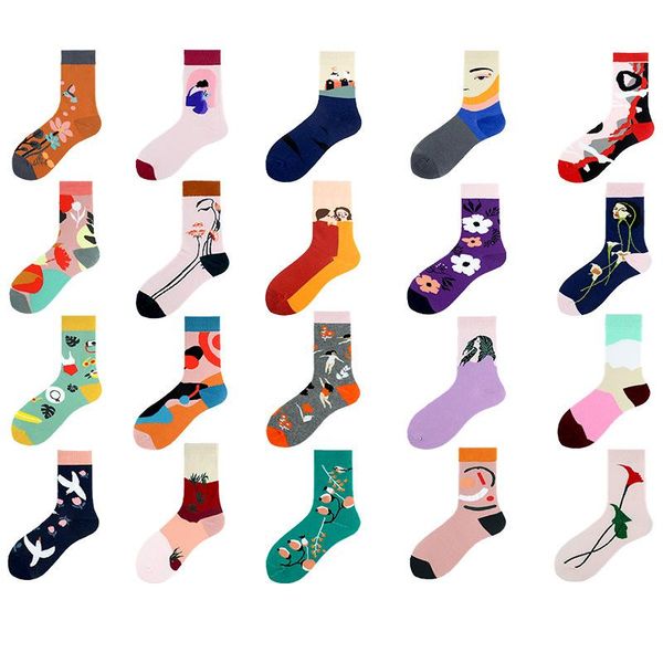 

spring and summer personality art couple abstract pure cotton ladies tube socks fashion color matching flower bird fun & hosiery, Black;white