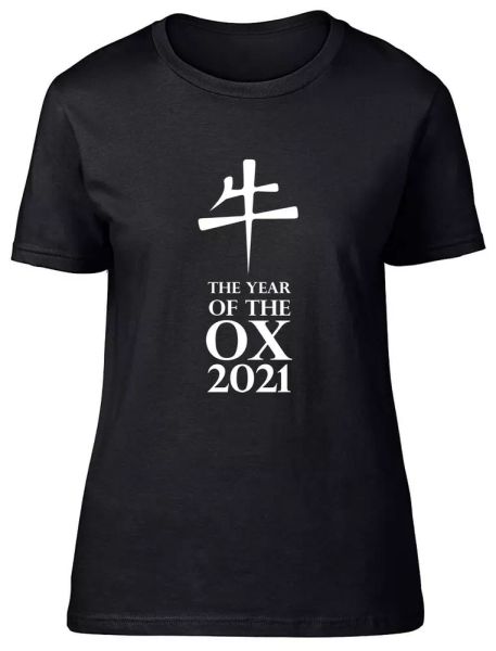 

chinese new year the year of the ox 2021 fitted womens ladies t shirt, White;black