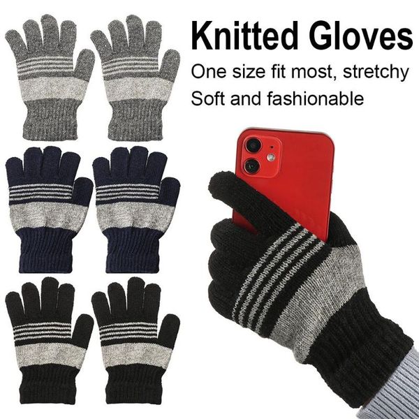 

five fingers gloves men thicken touch screen skiing driving full fingered mittens knitted short wrist hand warmer, Blue;gray