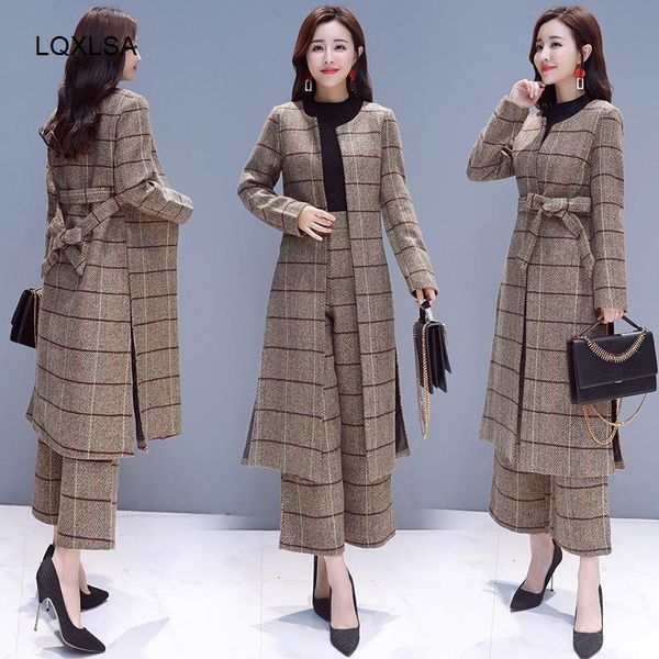

knee length long trench coat and wide leg trouser autumn winter womens casual pantsuit office lady plaid two-piece pants suits women's, White