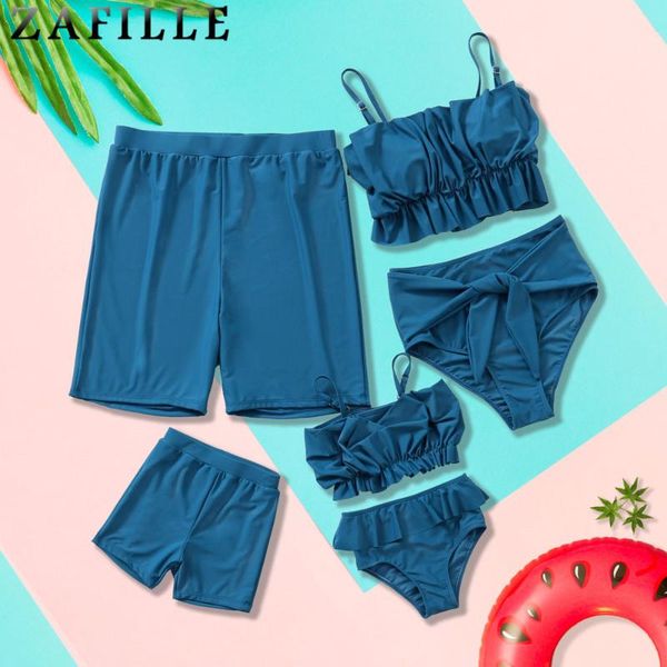 

women's swimwear 2021 bikini family swimsuits solid pleated bathing suit men boys shorts women girls swimsuit one-piece suits
