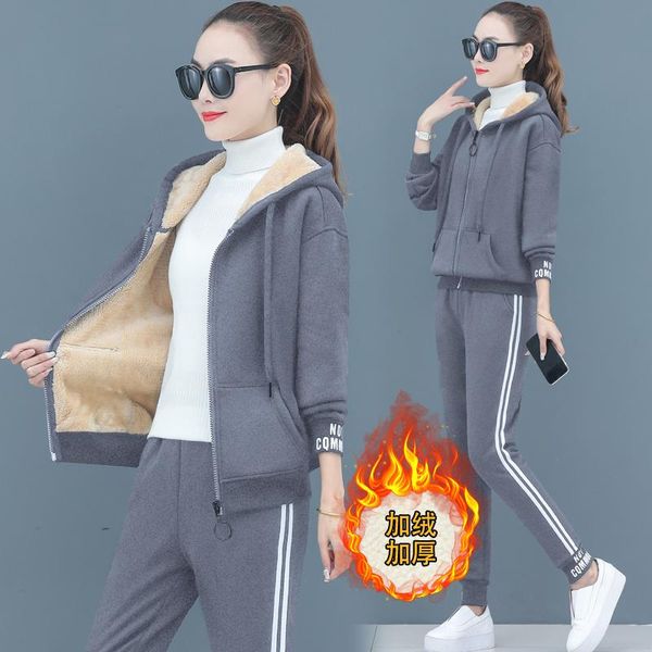 

women's tracksuits autumn winter women thick lamb fur suit 2 pieces sets hoodies sweatshirt and pants suits clothing, Gray