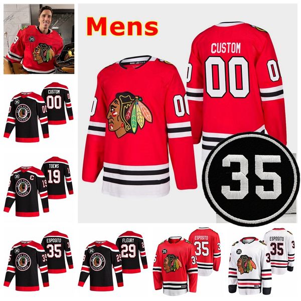 

2021 chicago blackhawks hockey jerseys 35 patch honor tony esposito jersey marc-andre fleury patrick kane jonathan toews alex debrincat dach, Black;red