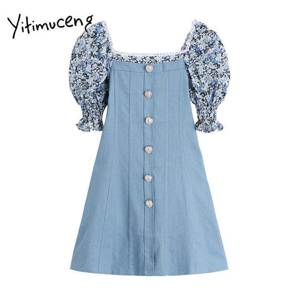 

yitimuceng floral print denim dress women summer patchwork high waist puff sleeve a-line square collar fashion sundress 210601, Black;gray