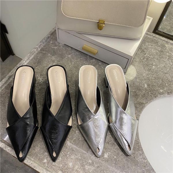 

shoes woman 2021 pointed toe shallow slippers soft thin heels luxury slides pantofle med comfort designer cover fretwork, Black