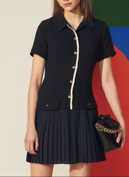 

2021 autumn fall short sleeve peter pan neck blue dress contrast color panelled pleated single-breasted women fashion dresses g127013, Black;gray