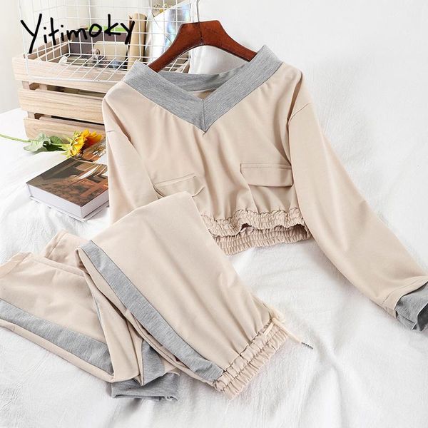 

women's two piece pants yitimoky casual tracksuit women 2 pieces set crop v-neck panelled drawstring elastic waist fall winter 2021, White