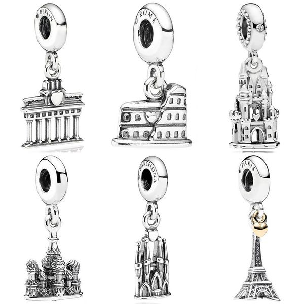 

berlin brandenburg gate roman colosseum eiffel tower pendant beads 925 sterling silver charms fit fashion bracelet diy jewelry, Black