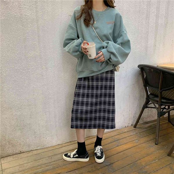 

two piece dress ichoix autumn winter korean version loosen more velvet high waist plaid knee height skirt 2 suit yf2y, White