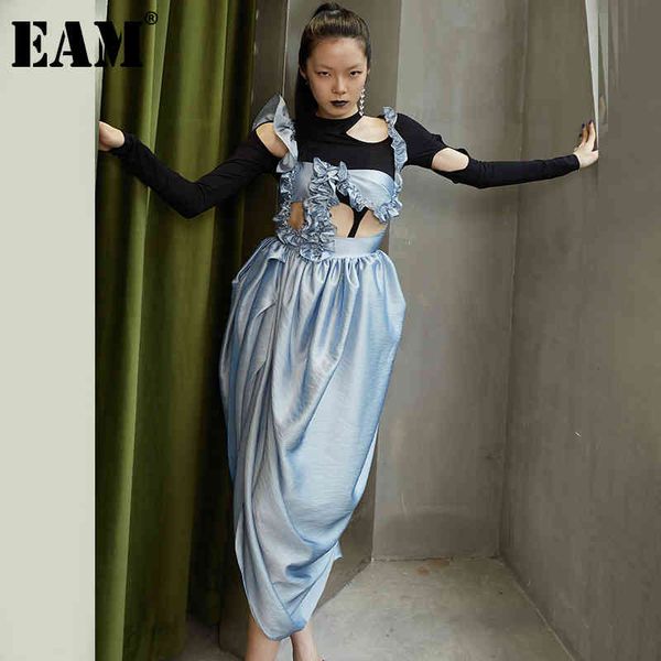 

[eam] women blue pleated hollow out irregular long dress sleeveless loose fit fashion spring summer 1dd8638 21512, Black;gray
