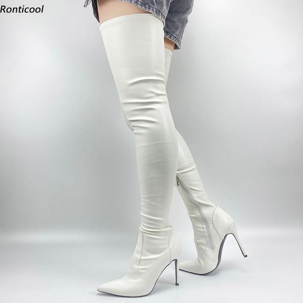 

boots ronticool women spring thigh high flexible side zipper stiletto heel pointed toe white party shoes us size 5-15, Black