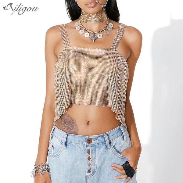 Tanques das Mulheres Camis Ailigou Shinny Bling Strass Chain Do Corpo Lantejoulas De Verão De Cristal Bra Chic Party Balette Nightclub Wear Harness Jewe