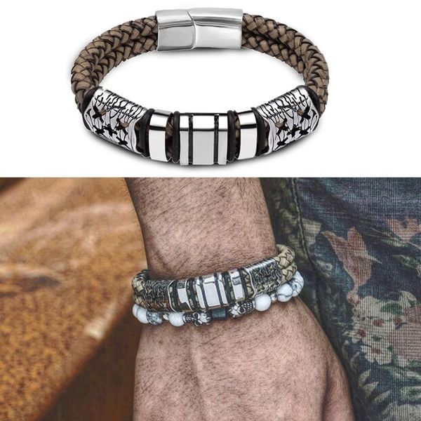 

punk summer fashion 316l stainless steel real grey braided leather bangle and bracelet men vintage wristband jewelry charm bracelets, Golden;silver