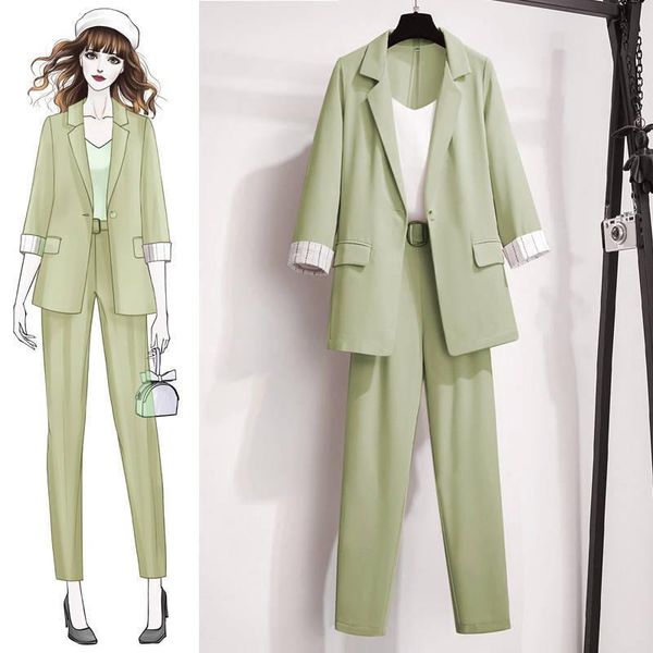 

women's two piece pants two-piece sets women blazers suit spring autumn lady blazer jacket +long pant plus size -4xl female work cloth, White