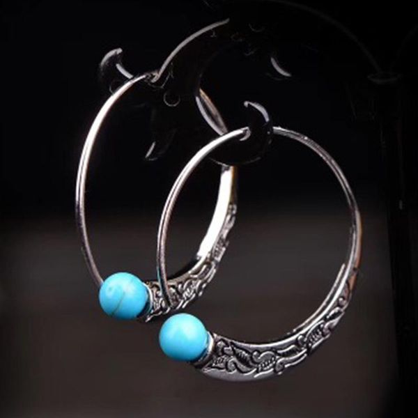 

dangle & chandelier fashion bohemia vintage round drop earrings for women boho jewelry ethnic irregular natural blue turquoises stone, Silver